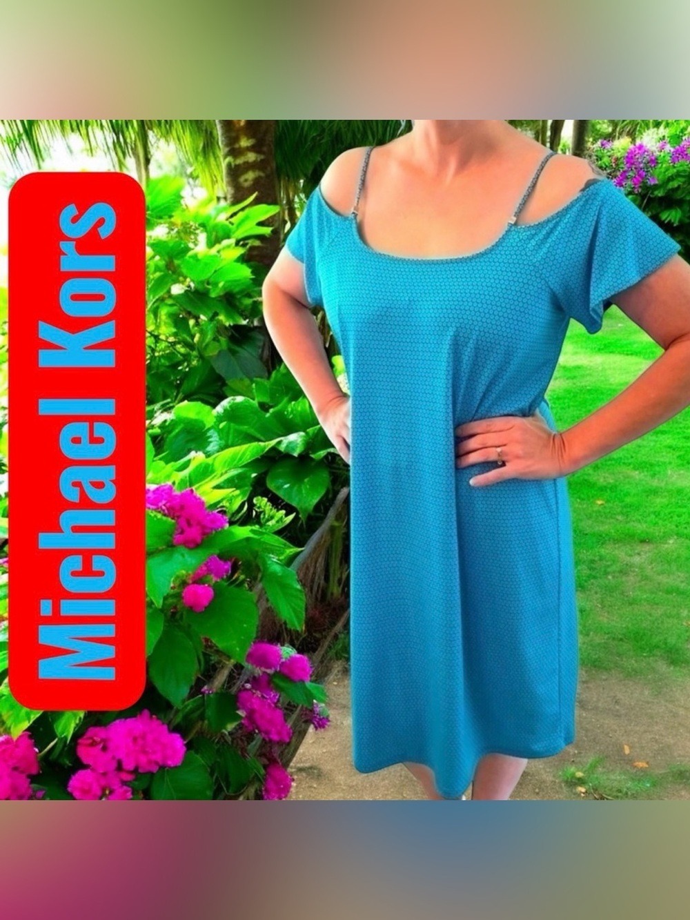 Michael Kors Medium blue Floral Cold Shoulder Midi Shift Dress EUC!